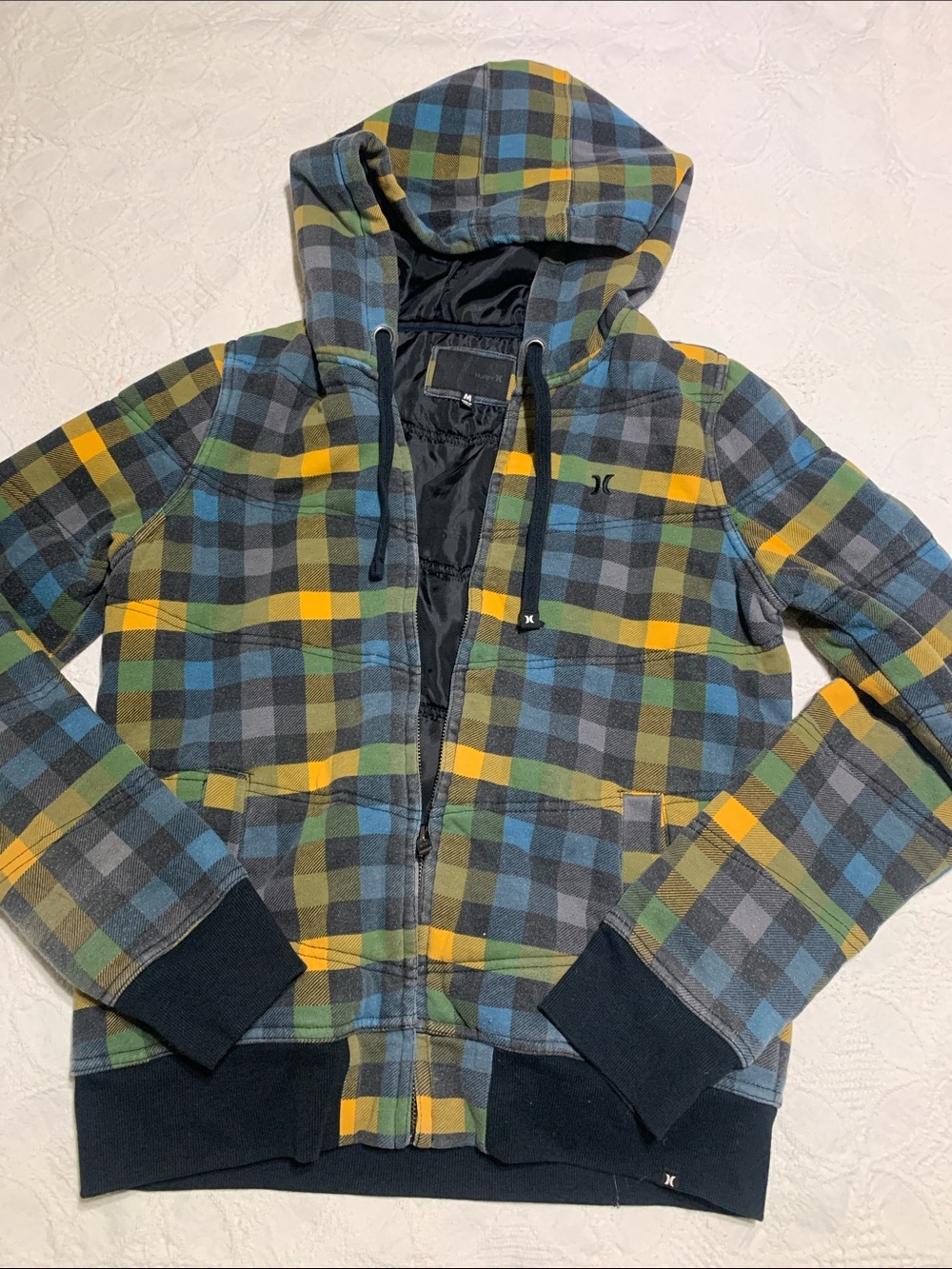 Hurley Plaid Hooded Puffer Jacket - Green, Blue, Yellow